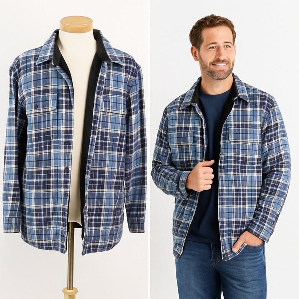 L.L. Bean Fleece-Lined Blue Plaid Flannel Shirt – Men’s Large Regular
